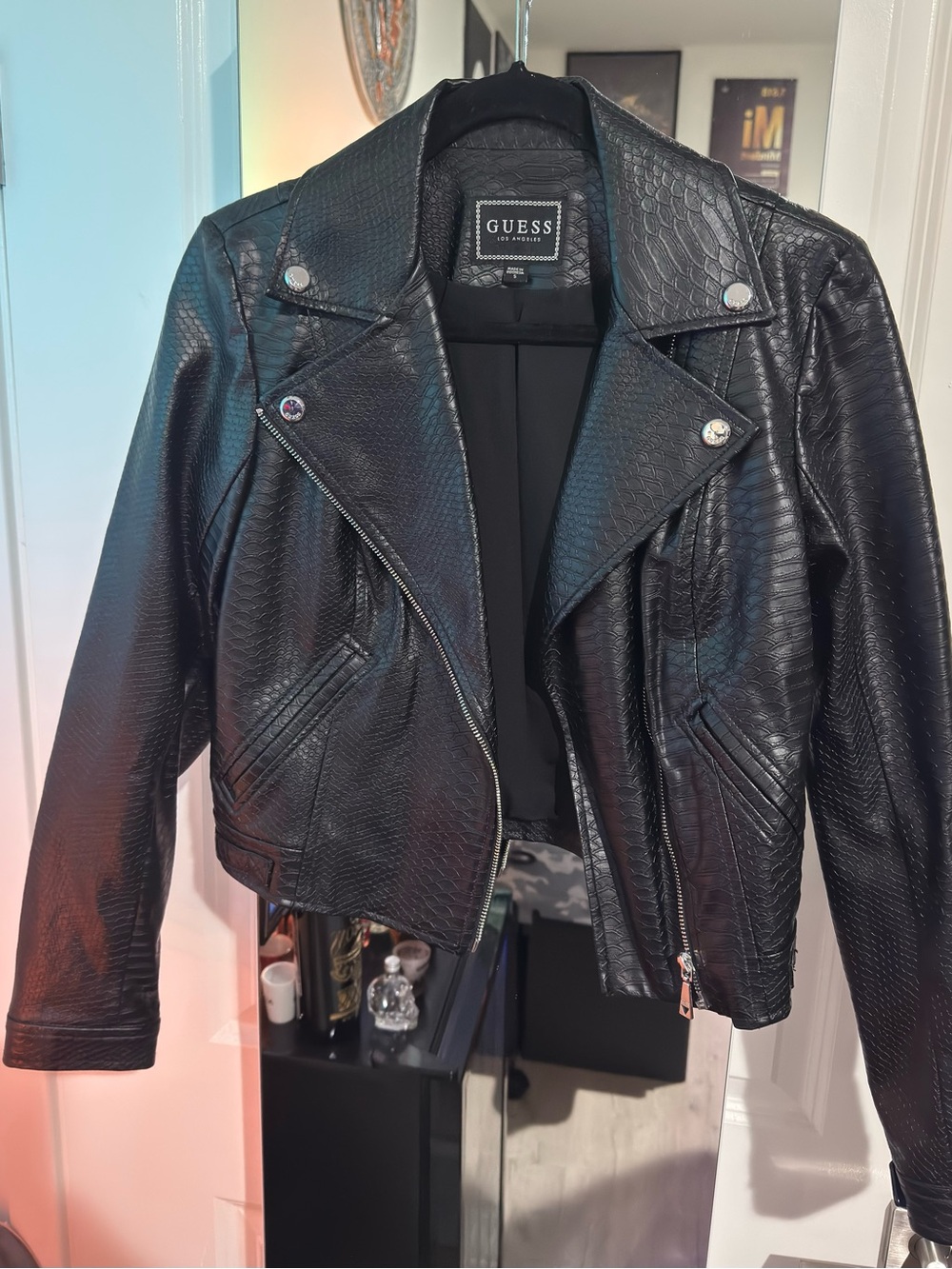 GUESS Black Croc-Embossed Faux Leather Moto Jacket